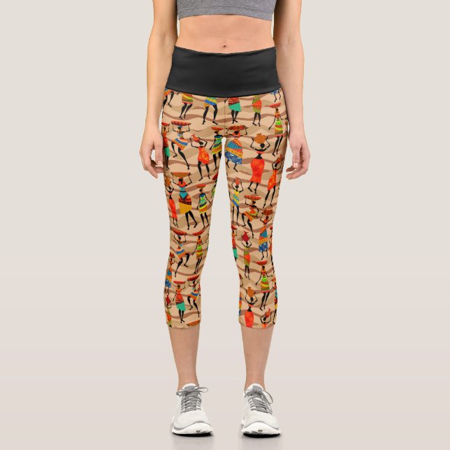 African Tribal Women Pattern Capri Leggings (Front)