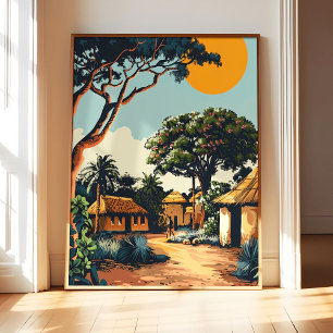 African Village Poster Art Print, Vintage Retro La