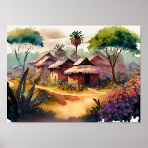 African Village Watercolor Digital Art Poster