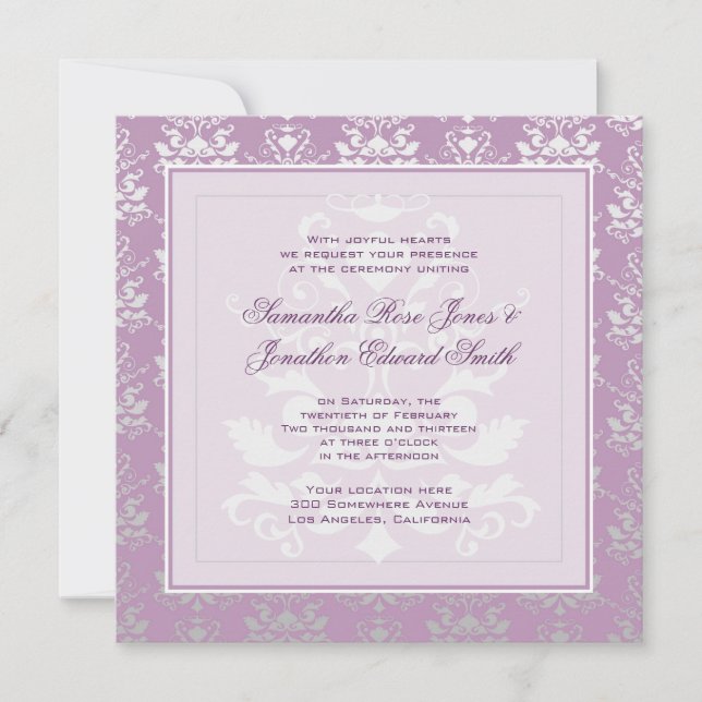 African Violet & Silver Damask Photo Wedding Invitation (Front)