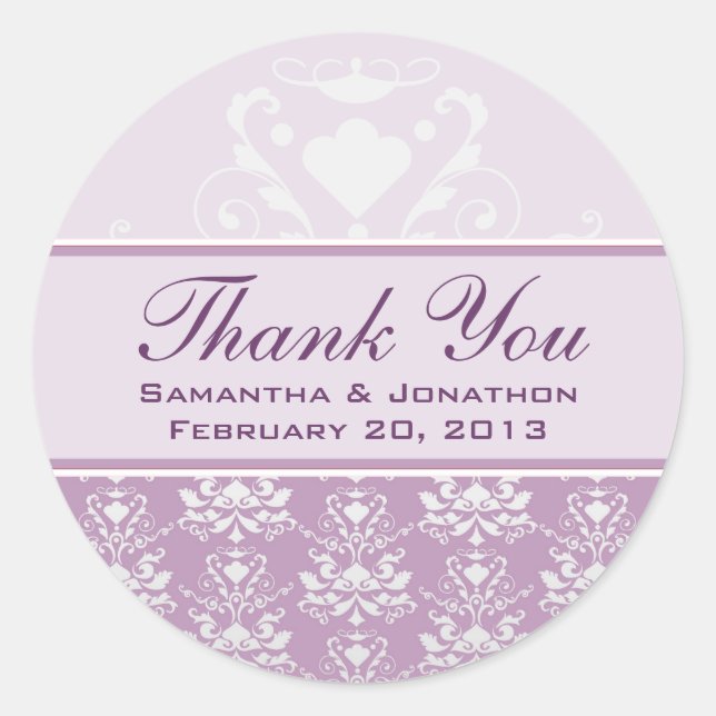 African Violet & Silver Damask Wedding Labels (Front)