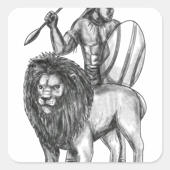 African Warrior Spear Lion Tattoo Square Sticker (Front)