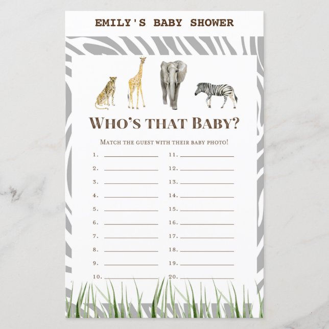 African Wild Baby Shower Game PRINTED (Front)