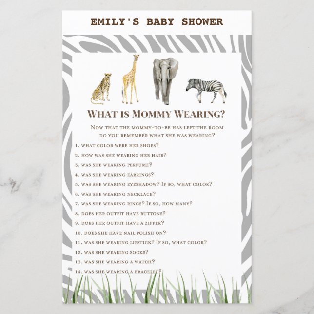 African Wild Baby Shower Game PRINTED (Front)