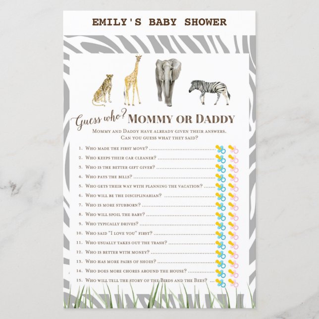 African Wild Baby Shower Game PRINTED (Front)