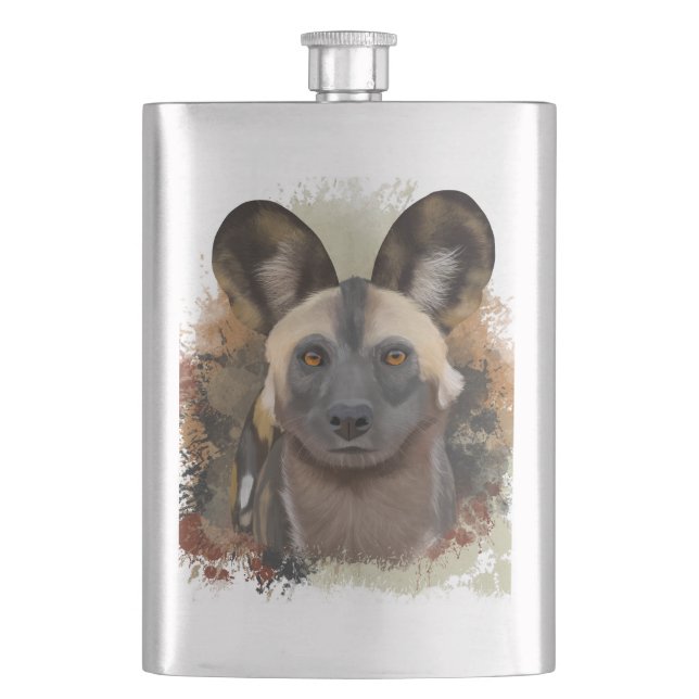 African Wild Dog Abstract Paint Splatter Wildlife Hip Flask (Front)