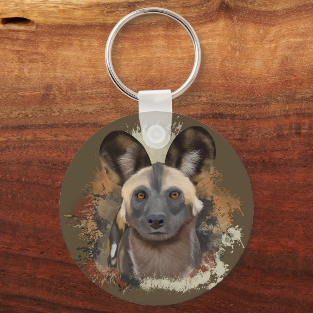 African Wild Dog Abstract Paint Splatter Wildlife Key Ring (Front)