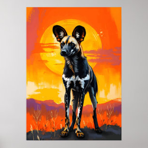 African Wild Dog at Sunset – Bold Wildlife Art Poster