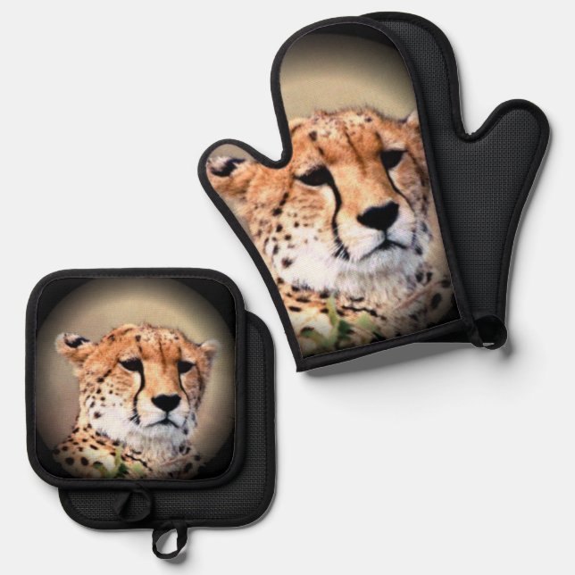 African Wild & Wonderful: Cheetah Tear Marks Art Oven Mitt & Pot Holder Set (Front/Back)