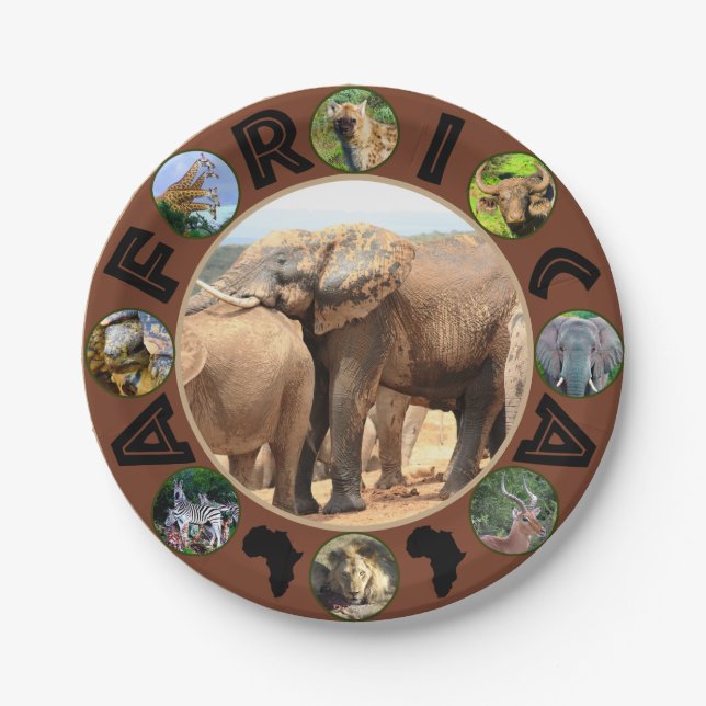 African Wildlife Circle Collage Elephant Rest Paper Plate (Front)
