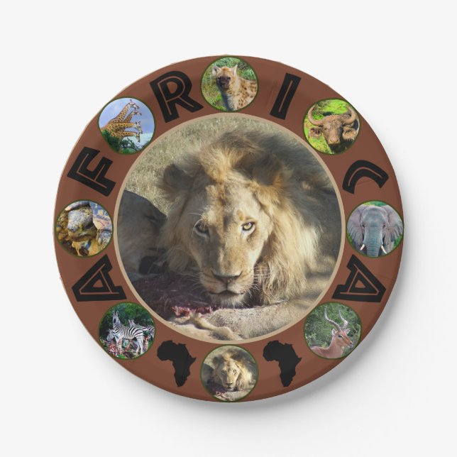 African Wildlife Circle Collage Lion Stare Paper Plate (Front)