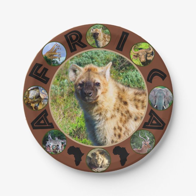 African Wildlife Circle Collage Spotted Hyena Paper Plate (Front)