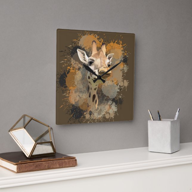 African Wildlife Giraffe Abstract Paint Splatter Square Wall Clock (Office)