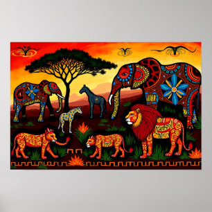 African Wildlife Harmony – Tribal Pattern  Poster
