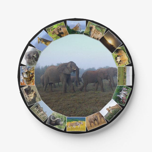 African Wildlife Photo Collage Elephant Herd Mist Paper Plate (Front)
