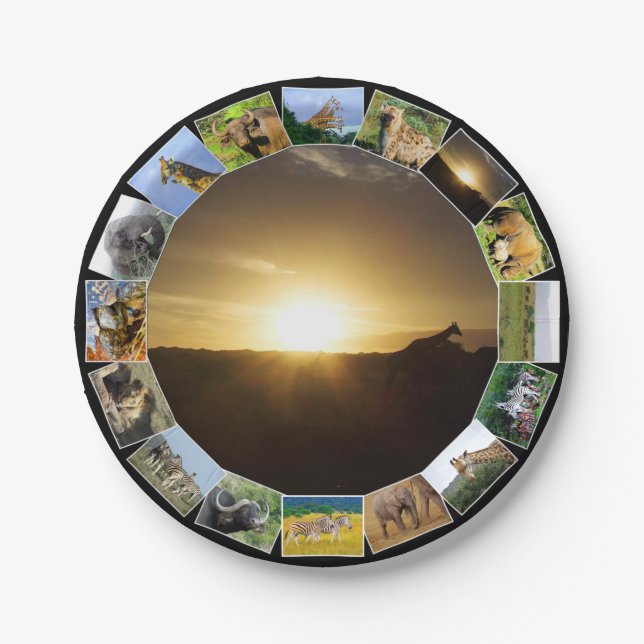 African Wildlife Photo Collage Giraffe Sunset Paper Plate (Front)