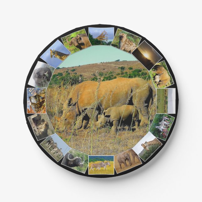 African Wildlife Photo Collage Rhino Reeds Paper Plate (Front)