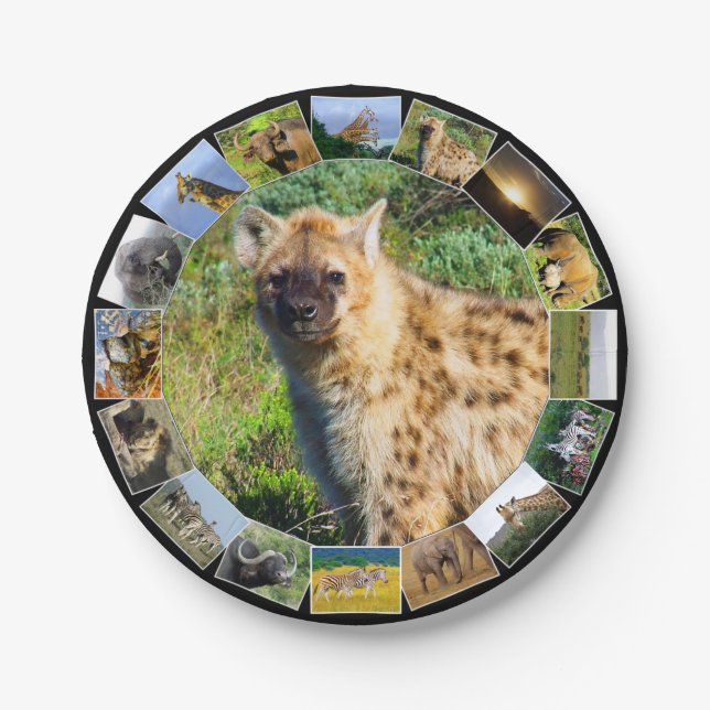African Wildlife Photo Collage Spotted Hyena Paper Plate (Front)