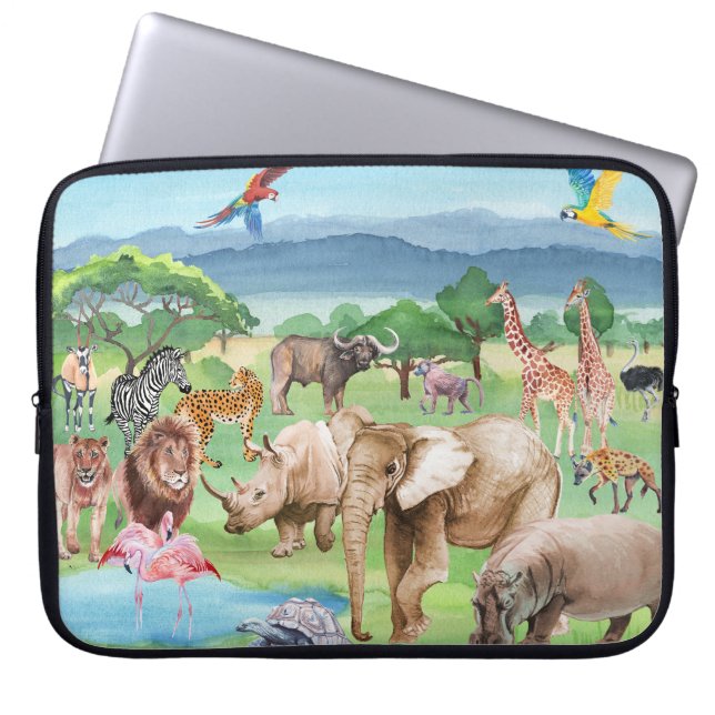African Wildlife: Savannah Watercolor Wallpaper. Laptop Sleeve (Front)