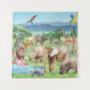 African Wildlife: Savannah Watercolor Wallpaper. Tapestry