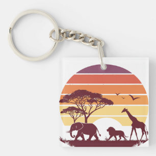 African Wildlife Silhouette Safari Design Key Ring