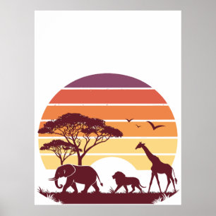 African Wildlife Silhouette Safari Design Poster