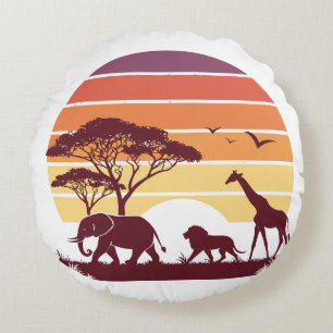 African Wildlife Silhouette Safari Design Round Cushion