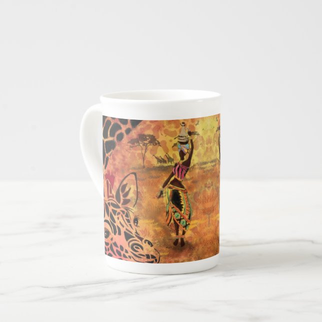 African Woman and Giraffe Bone China Mug (Front Left)