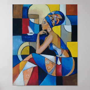 African Woman by the Sea Abstract Cubism Portrait Poster