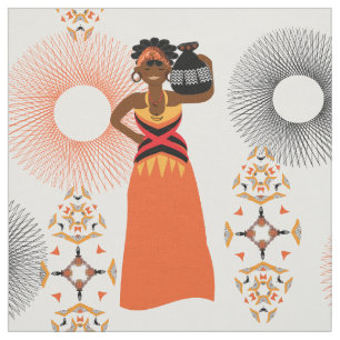 African Woman Carrying Water Themed Print Fabric