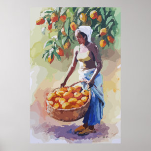 African woman collecting mongo fruit poster