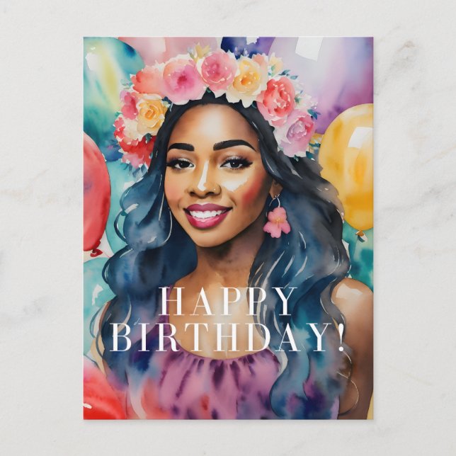 African Woman Colourful Happy Birthday Balloons Postcard (Front)