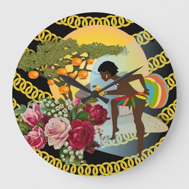 African Woman Gold Chain Floral Clock (Front)