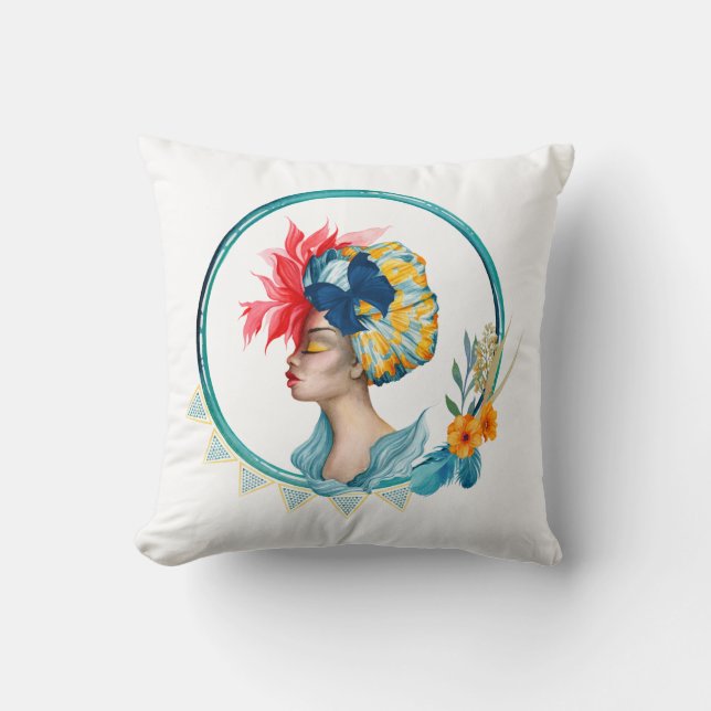 African Woman in Blue Throw Pillow (Front)