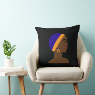 African woman in profile with blue and yellow cap cushion
