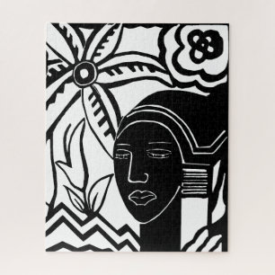 african woman jungle abstract black ink art jigsaw puzzle