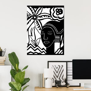 african woman jungle abstract black ink art poster
