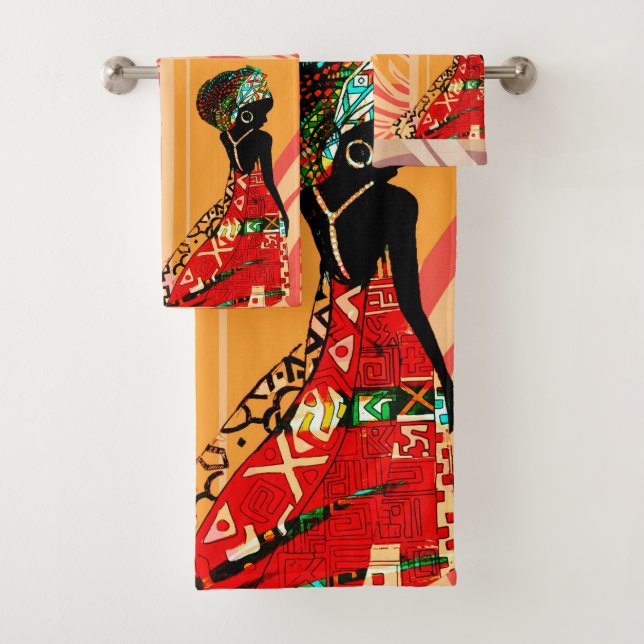 African Woman Orange Abstract Bathroom Towel Set (Insitu)