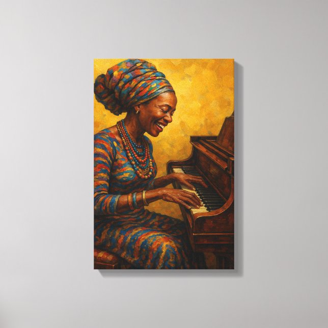 African Woman Playing Piano with Joyful Expression Canvas Print (Front)