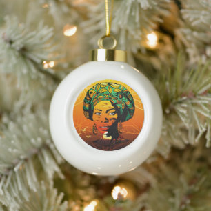 African Woman Portrait with Sunset Ceramic Ball Christmas Ornament