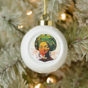 African Woman Portrait with Sunset Ceramic Ball Christmas Ornament