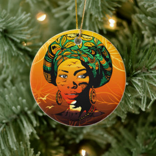 African Woman Portrait with Sunset Ceramic Tree Decoration