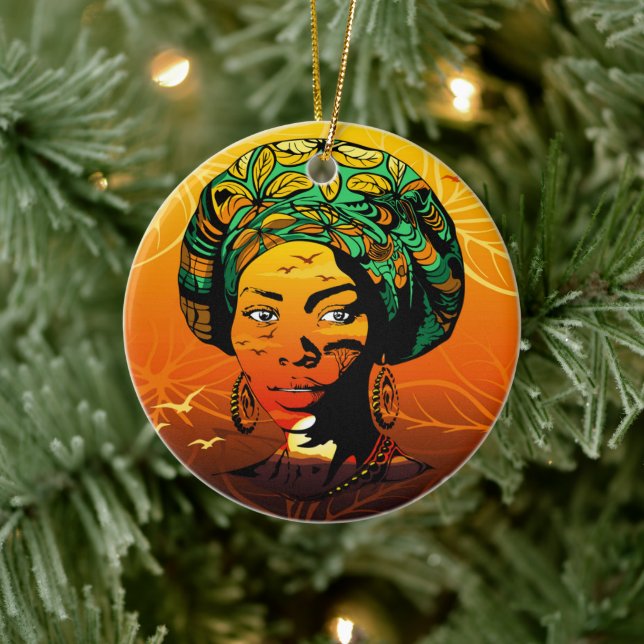 African Woman Portrait with Sunset Ceramic Tree Decoration (Tree)
