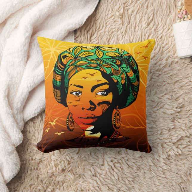 African Woman Portrait with Sunset Cushion (Blanket)
