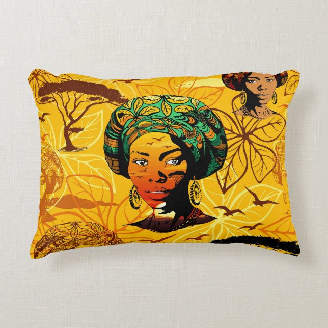 African Woman Portrait with Sunset Decorative Cushion (Front)