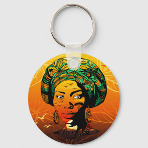 African Woman Portrait with Sunset Key Ring