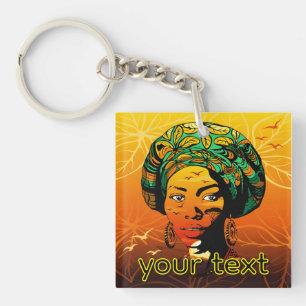 African Woman Portrait with Sunset Key Ring
