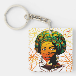 African Woman Portrait with Sunset Key Ring