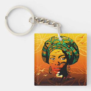 African Woman Portrait with Sunset Key Ring