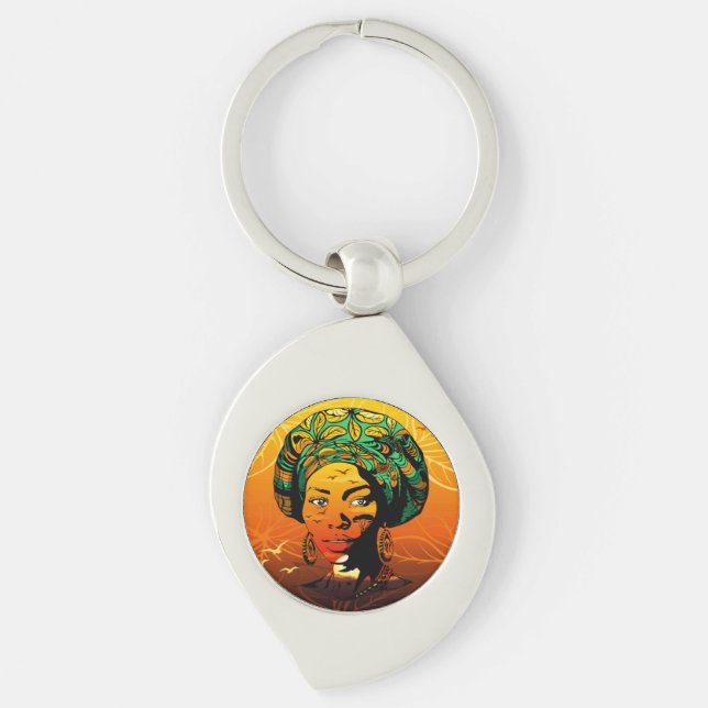 African Woman Portrait with Sunset Key Ring (Front)